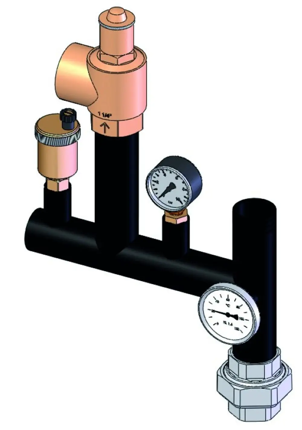 Sicherheits-Armaturenbalken mit Druck- und Temperaturelementen, montiert auf einem vertikalen Rohr, geeignet für Anwendungen wie bei Remeha-Kesseln unter 300 kW.